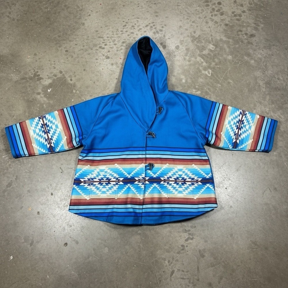 Hooded Tribal Poncho Women's Medium‎ Blue Lined Toggle Front Aztec Western Cape
